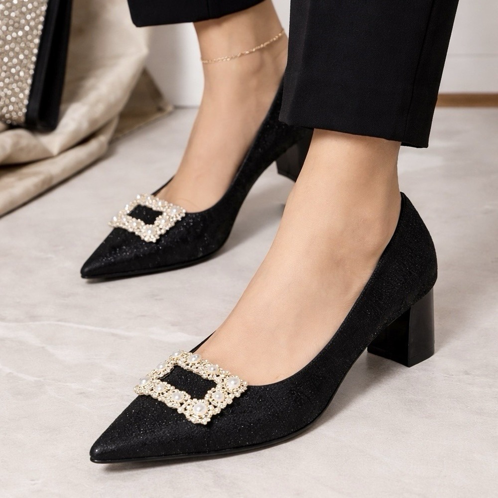 DAPHNE Black Heels Shimmer Fabric Rhinestone Pearl Buckle sz US 7.5 /245 CN